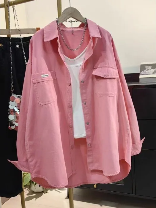 안티에이징 핑크 이르트 루즈 캐주얼 여성 패션 한국 스타일 긴 소매 버튼 디테일 통기성 피부 친화적