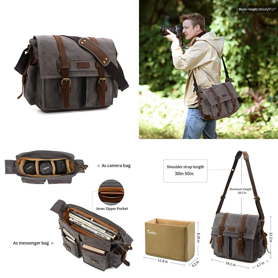 

Kattee Leather Canvas Camera Bag Vintage DSLR SLR Messenger Shoulder Bag