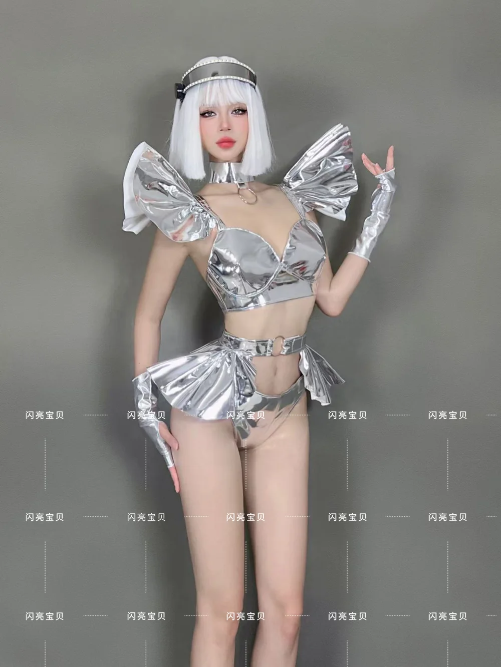 2025 Nieuwe Bar Zilver Ruimte Toekomstige Technologie Trendy Nachtclub DS Toonaangevende Dans Gogo Interactieve Mode Prestaties Jurk Set yk