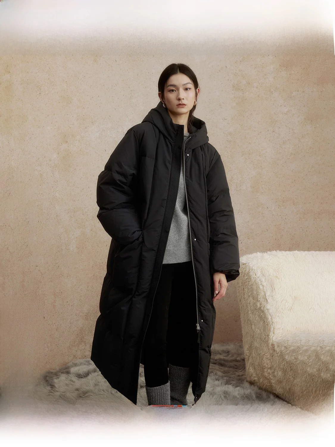 

Zhizhi Yangchunqu Long down Jacket Women's Winter Warm Goose down Hooded Straight Body Coat Thickened Polyester Fiber