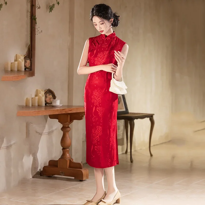 

Улучшенное Cheongsam 2024, новый стиль, женское китайское ретро-стиль для похудения, весенне-осеннее платье Ципао с длинными рукавами