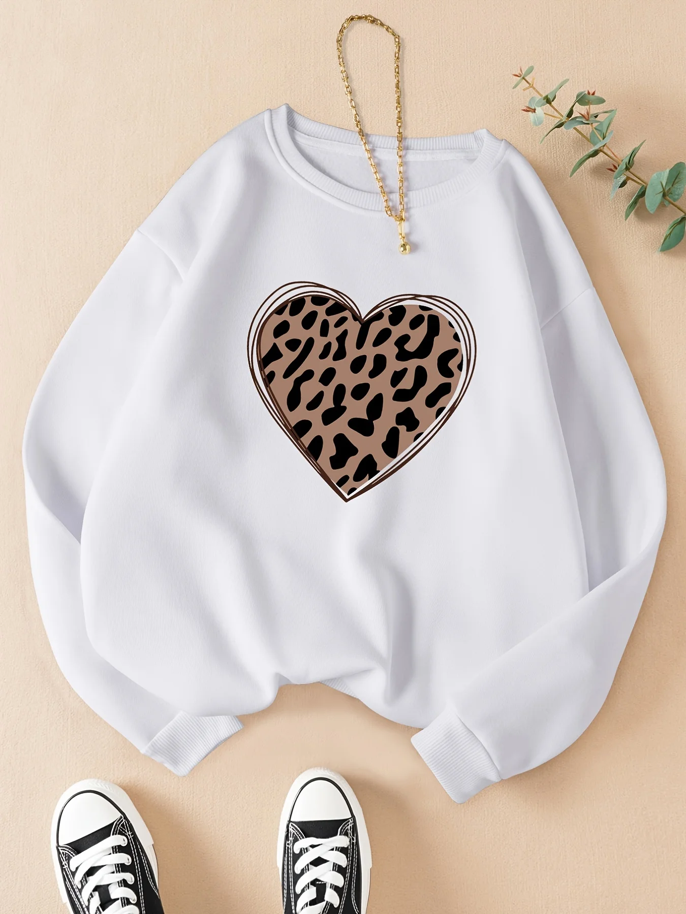 Leopard Heart Print Women's Sweatshirts & Hoodies  Graphic Long Sleeve Blouse Women Clothing Oversized Top Fashion New Cheap