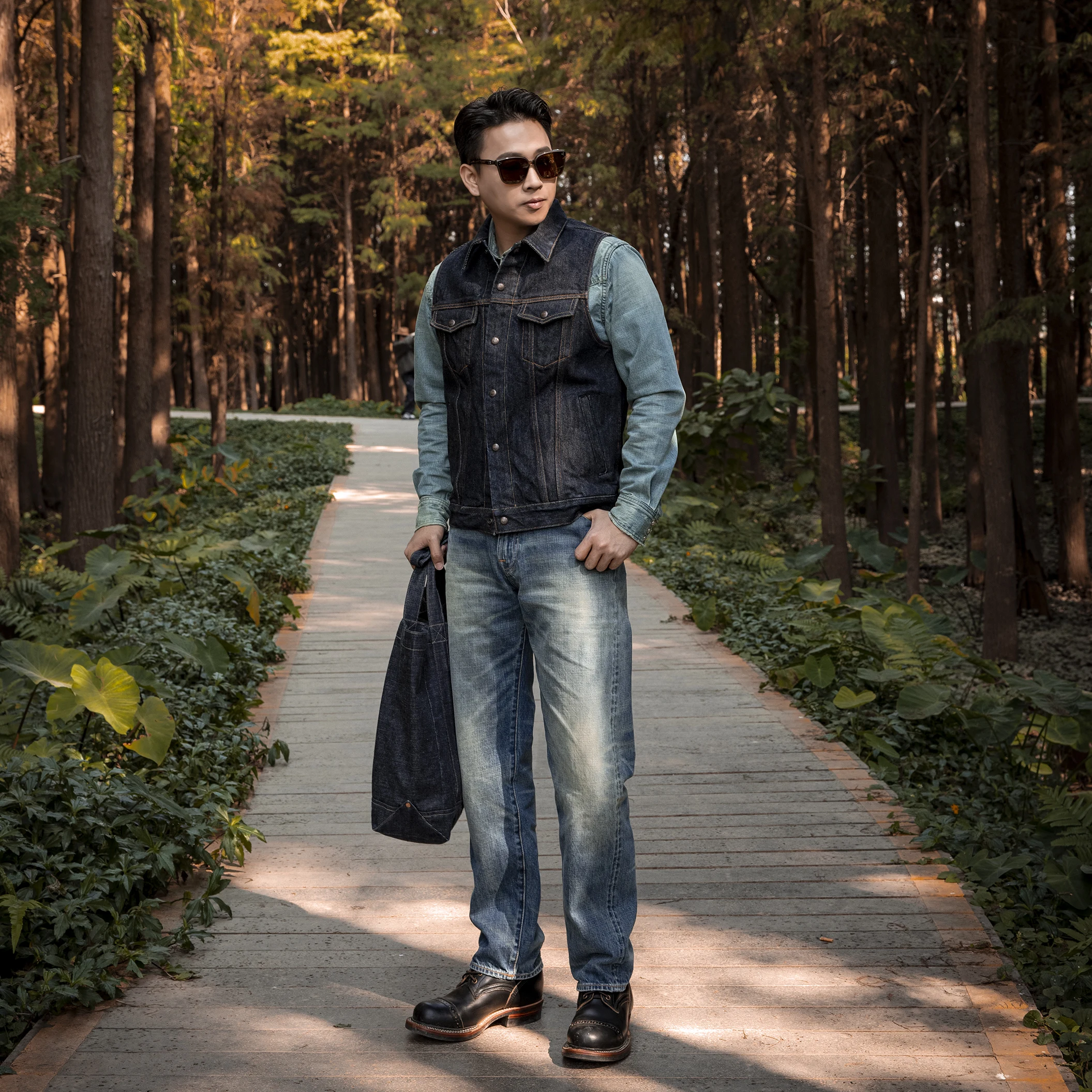 526V-XHS US Big Size Super Quality Multi Pockets Waistcoat Men's Cotton Washed Raw Denim Vest 21 oz