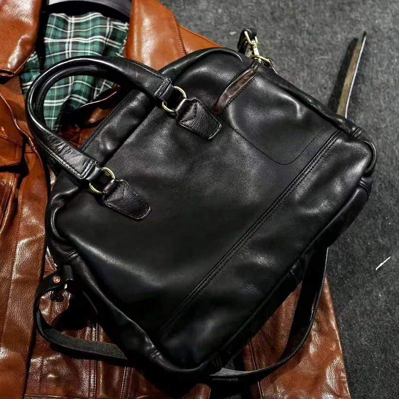 Maletín de negocios de lujo hecho a mano de cuero genuino para hombre y mujer, bolso para ordenador portátil de cuero de vaca real de alta calidad vintage a la moda