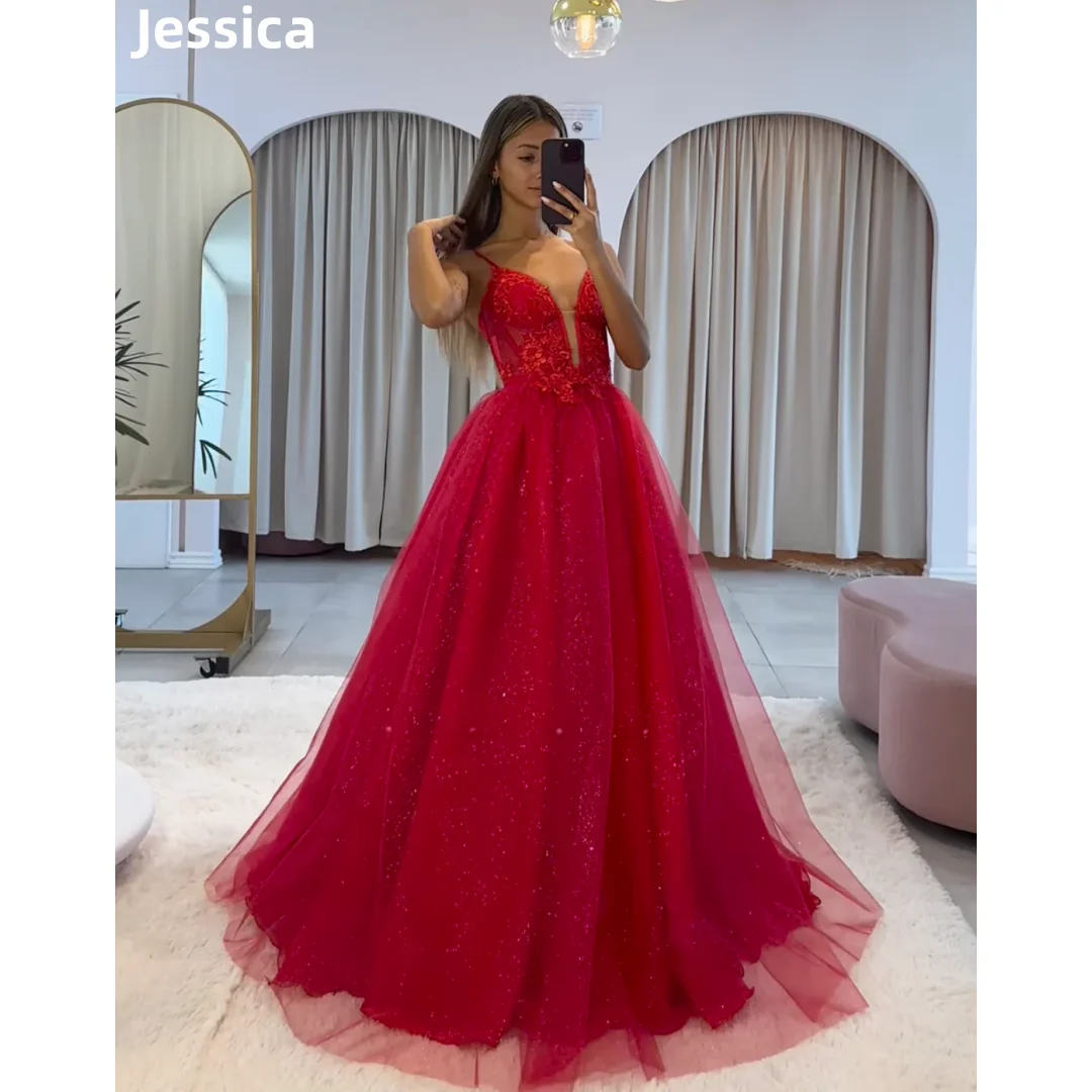 

Jessica Lace embroidery Prom Dresses Sweet Red Glitter Tulle Evening Dresses Spaghetti Strap A-line Fairy Wedding Party Dress