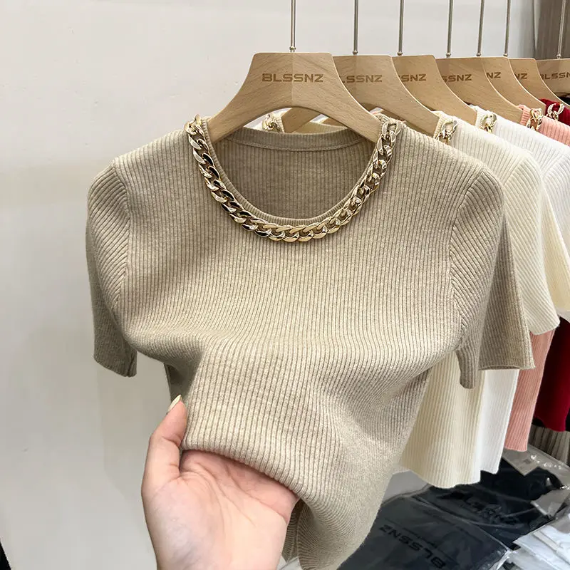 Shirts for Women High End Short Sleeve Knitted T-Shirt 2024 Summer French Office Lady Style Tops Femme Chic Chain Neck Tees