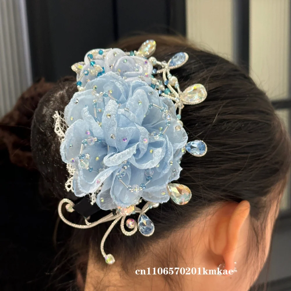 Handcrafted Blue Floral Rhinestone Ballet Hair Clip Sparkly Stage Headwear for Ballerinas Dance Recital Competition