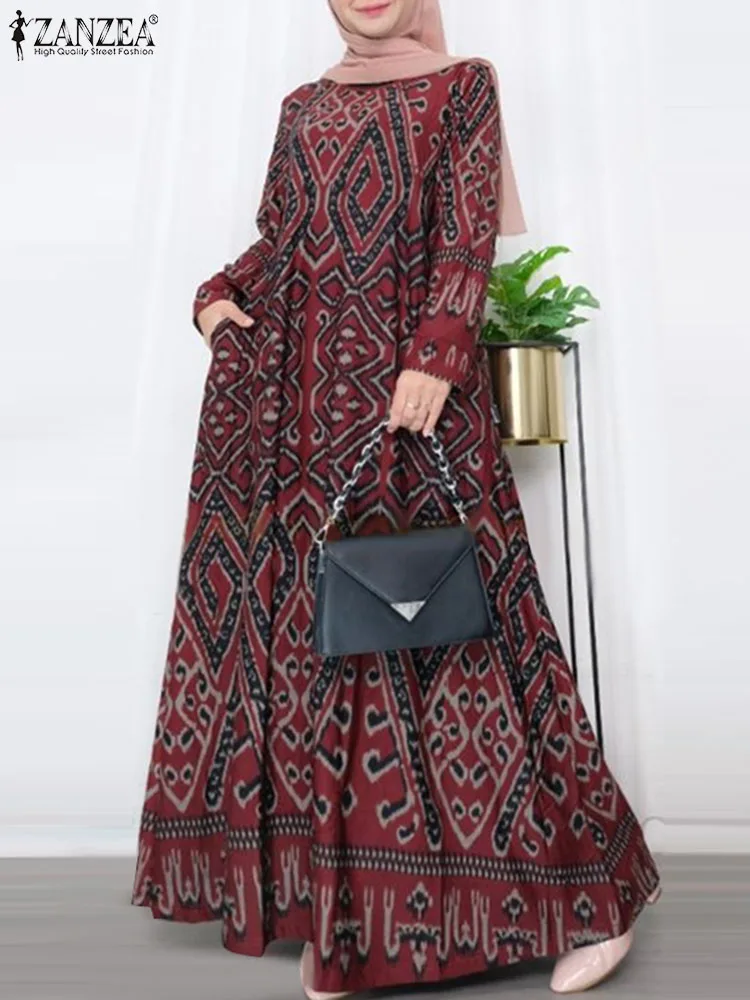 ZANZEA Vintage Printing Holiday Maxi Dress Casual Bohemian Muslim Long Sleeve Dubai Vestido Elegant Women Loose Long Robe Kaftan