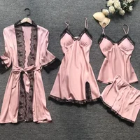4 Pieces/Set Women's Sexy Lace Pajamas Fashion V-Neck Gown Comfort Pajamas Pajamas Pajamas with Chest Pads Nightdress - Image 4
