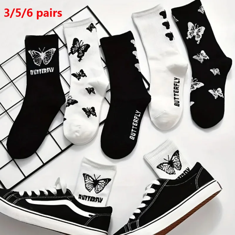 3/5/6 Pairs Women's Mid Length Stockings Set in Black And White With Butterfly Pattern Popular and versatile Sweat Absorption