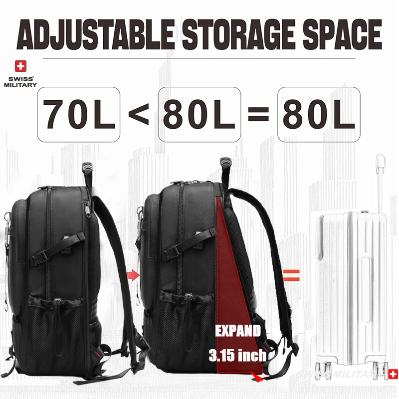 SWISS MILITARY Travel Backpack Men Expandable USB Business Bag Waterproof Large Capacity 17.3 Laptop Bag 80L Back Pack mochila