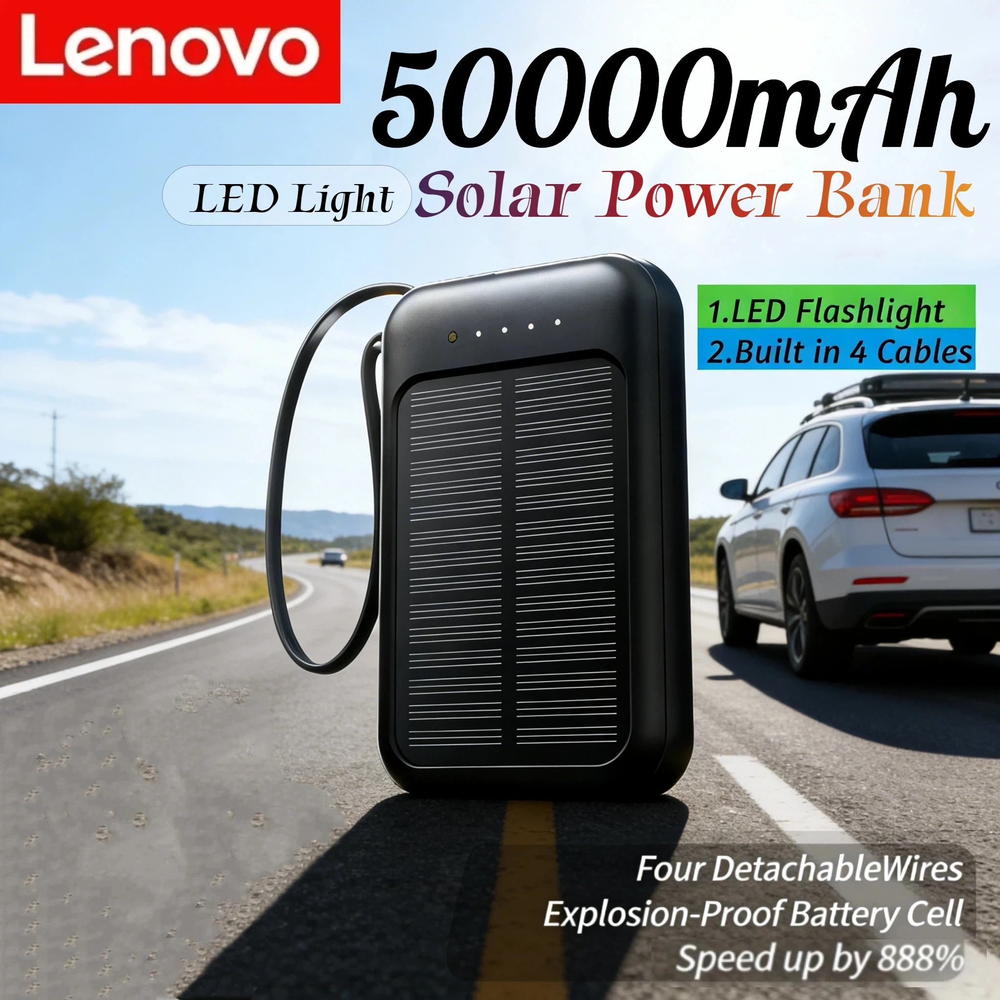 

Солнечный Power Bank Lenovo 50000 мАч со светодиодной подсветкой, встроенными кабелями, 3 USB-портами, внешний зарядный блок, ультра-емкость