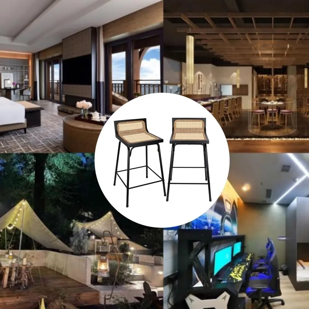 Kursi Bar Counter Height Set 2, 24 Inci Kursi Bar Rotan Boho Kursi Makan Modern Abad Pertengahan Kursi Bar Logam Anyaman