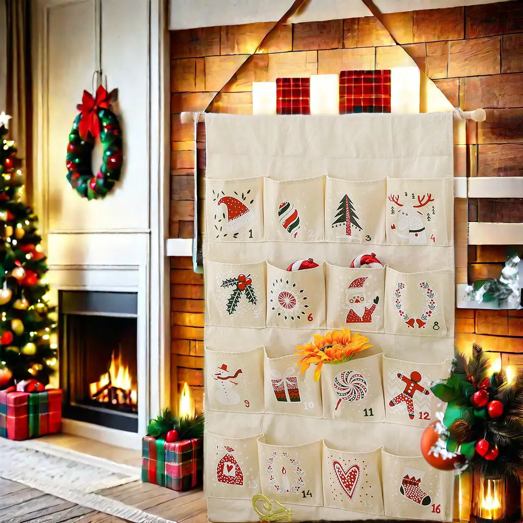 Calendario dell'Avvento natalizio personalizzato in tessuto riutilizzabile in stile rustico da appendere alla parete con 24 tasche Decorazioni per la casa per il conto alla rovescia di Natale