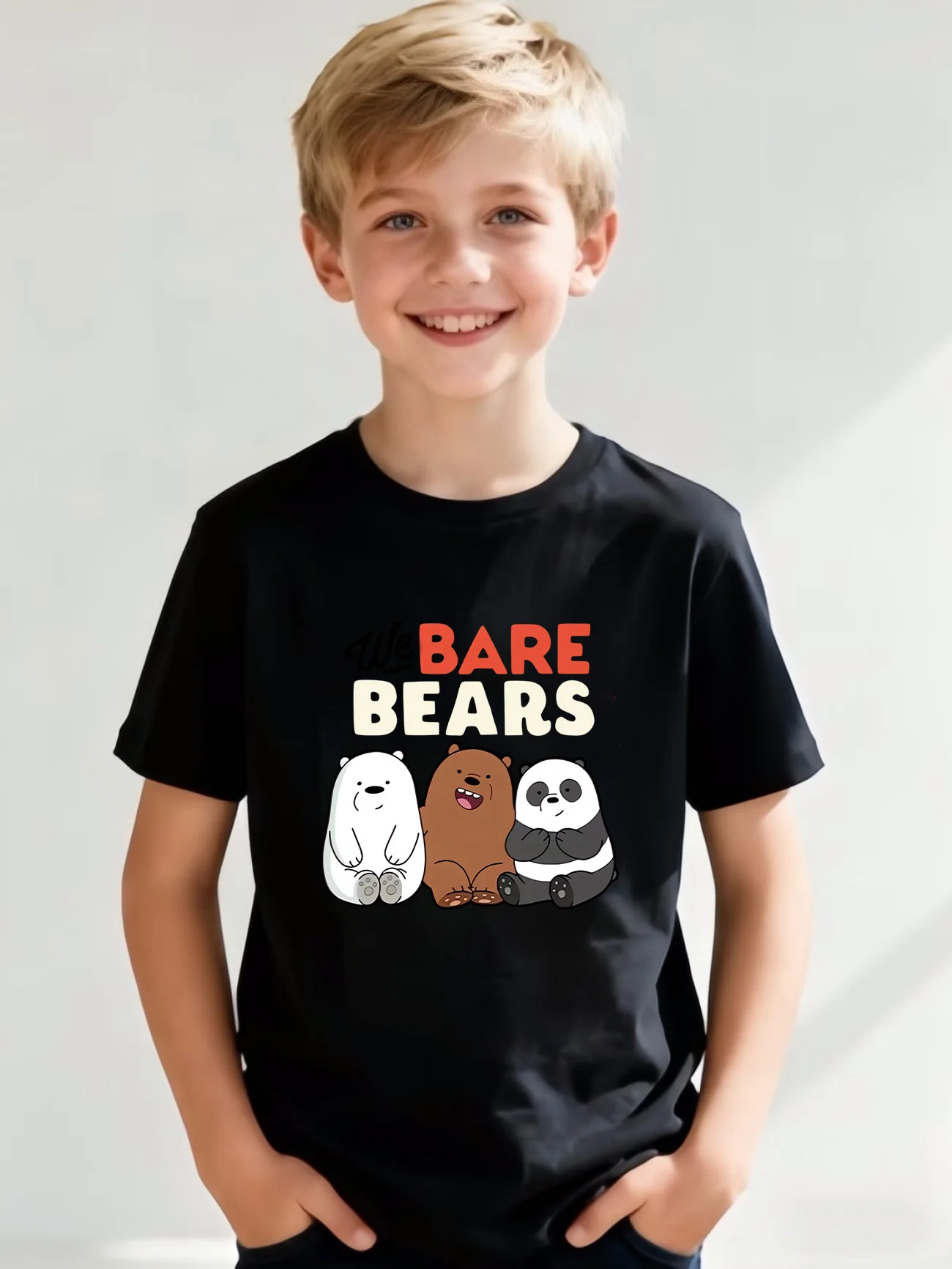 

Summer Kids' Black Short-Sleeved Shirts! Our Plush Bears - Three Little Bears With Print Patterns