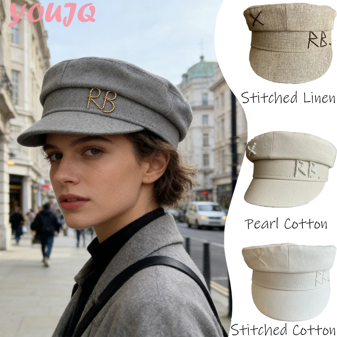 Monogram-embellished Brand Pearl/Stitched/Metallic Baker Boy Hat Spring Summer Vintage Flat Top Sun Cap Artist Hats for Women