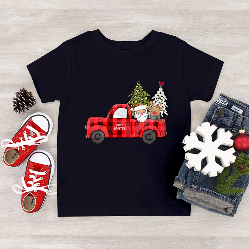 Kids Christmas T Shirt Santa Claus Elk Deer Christmas Tree Print T-Shirts Round Neck Funny Short Sleeve Xmas Boy Girl New Tshirt