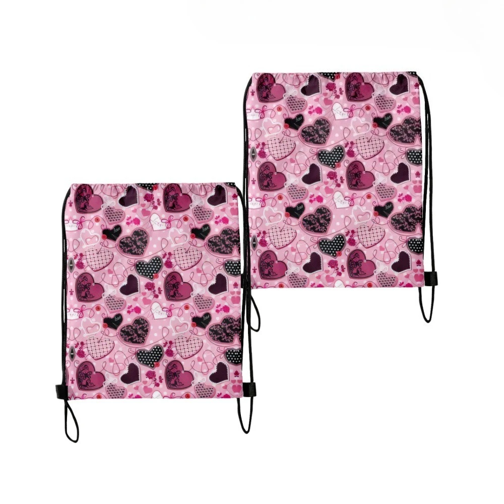 2PCS​ Colorful Hearts Bows Flowers Print Drawstring Bags Hiking Outdoor Oxford Beach Travel Storage ​Trendy Streetwear Bags