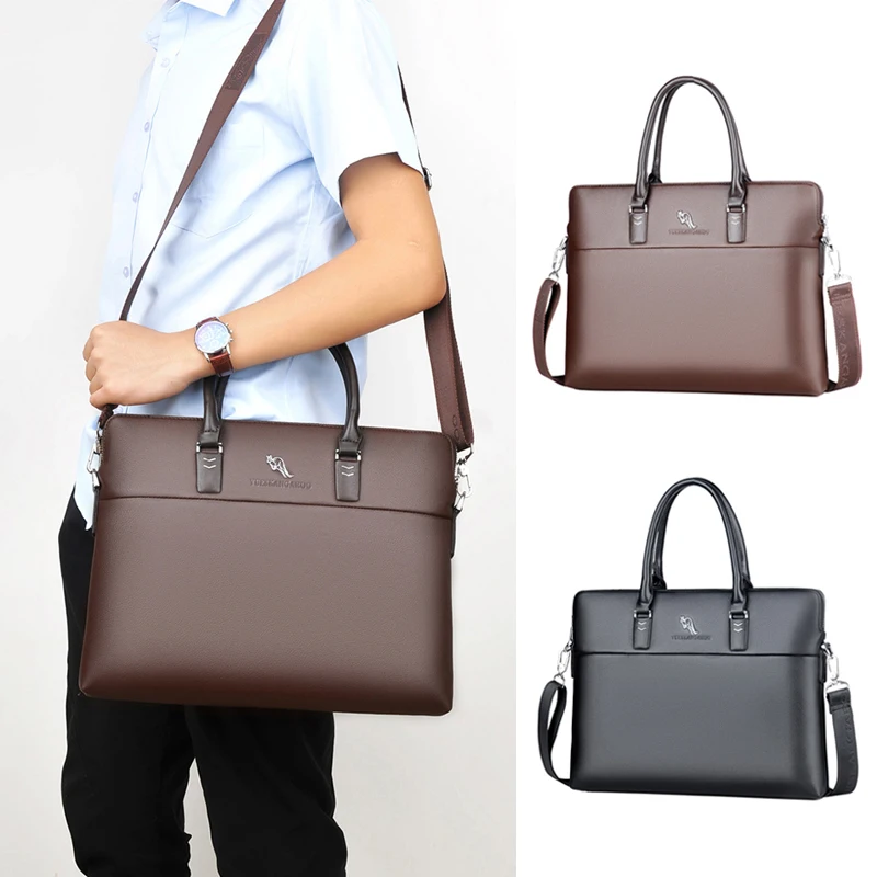 Men'S Briefcases PU Leather Handbag Kangaroo Messenger Laptop Document A4 Business OL Tote Shoulder Square Side Crossbody Bag