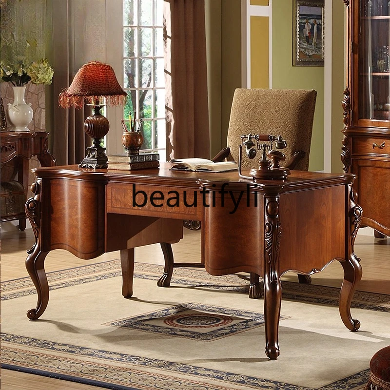 

American Solid Wood Desk European retro Computer Office Desk Chair Home Calligraphy and Painting Desk Furniture