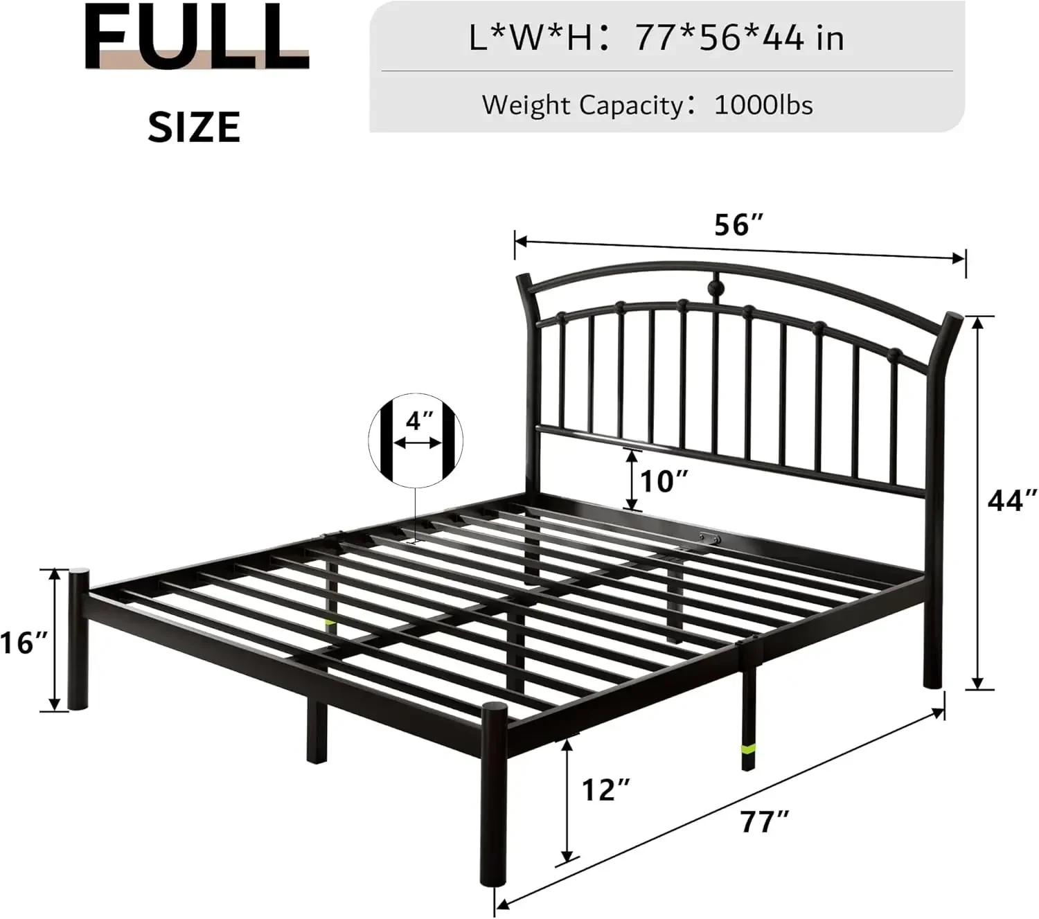 Struttura letto con piattaforma in metallo a grandezza naturale con testiera moderna in ferro battuto/supporto a doghe in acciaio resistente/oggetti sotto il letto