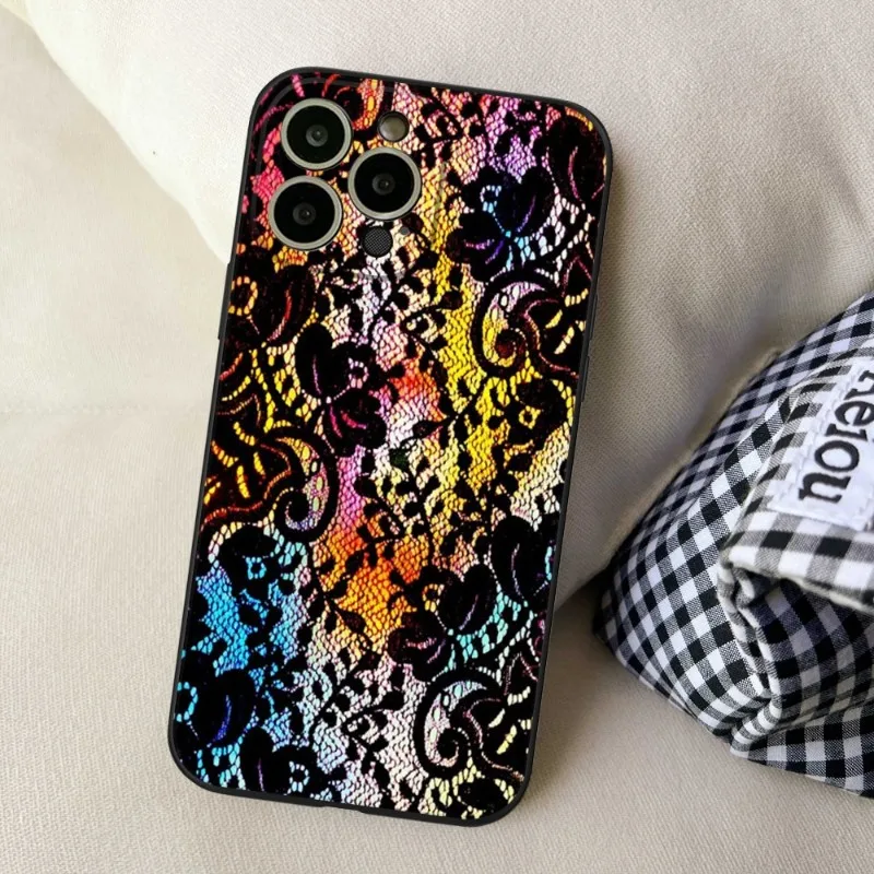 Lace fabric pattern Phone Case FOR IPhone 14 13 11 12 Pro 8 7 Plus X 13 Pro MAX XR XS MINI Black Covers