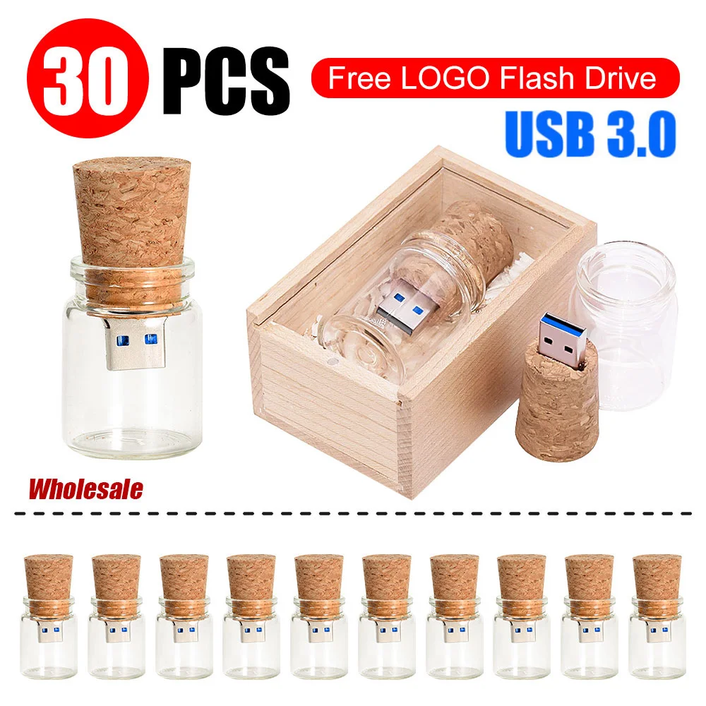 

30 шт. Новинка: флешки-бутылки USB 3.0, стеклянные флешки-бутылки с пробкой, USB-накопители 16 ГБ, 32 ГБ, 64 ГБ, деревянные флешки с пробкой.