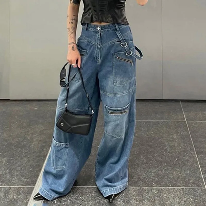 

Long Multi Pocket Zipper Do Old Jeans Women Flutter Belt Straight Type Wide Leg Pants Women Jeans Boyfriend Jeans for Women