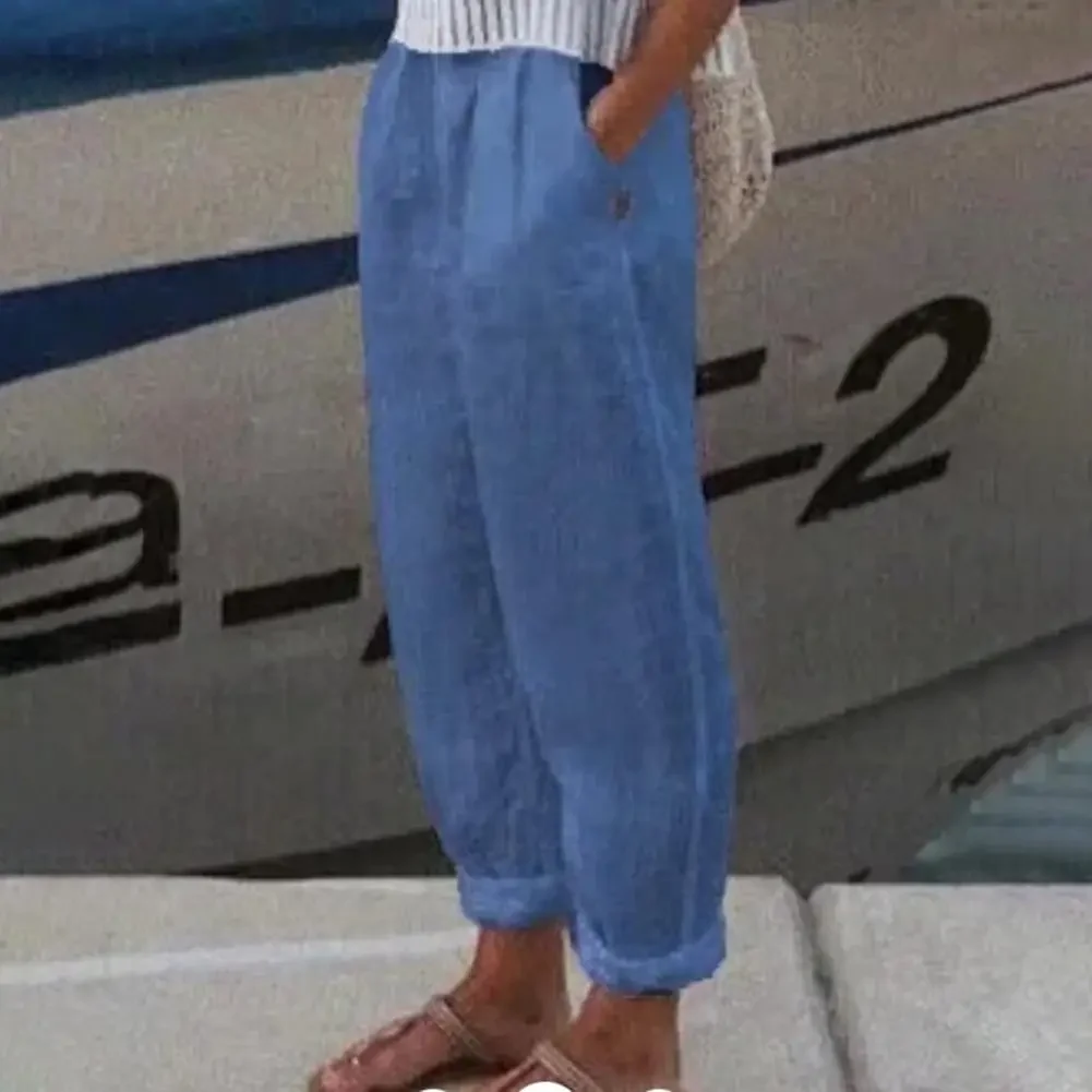 

Хлопковые женские шаровары, однотонные карманы, летние мешковатые брюки с эластичной резинкой на талии, однотонные спортивные штаны, элегантные повседневные брюки