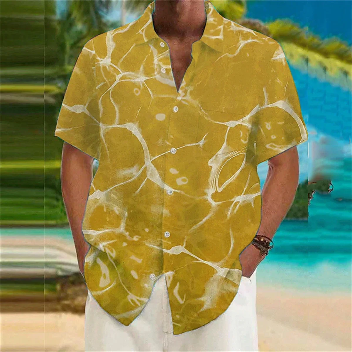 Men's Sea Wave 3D Printed Polo Neck Shirt Casual Holiday Short Sleeve Men's Button Comfortable Fabric Hawaiian Shirt XS-5XL