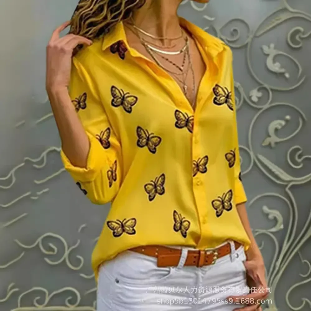 Nuova camicia con risvolto allentato con stampa a farfalla Camicie da donna Camicetta Top Summer Manica lunga Moda Casual