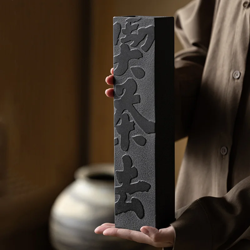 

Stone Vase 30cm Black Basalt Hand-Carved Zen Chinese Calligraphy Minimalist Flower Vase for Tea Ceremony Home Office Decor Gift