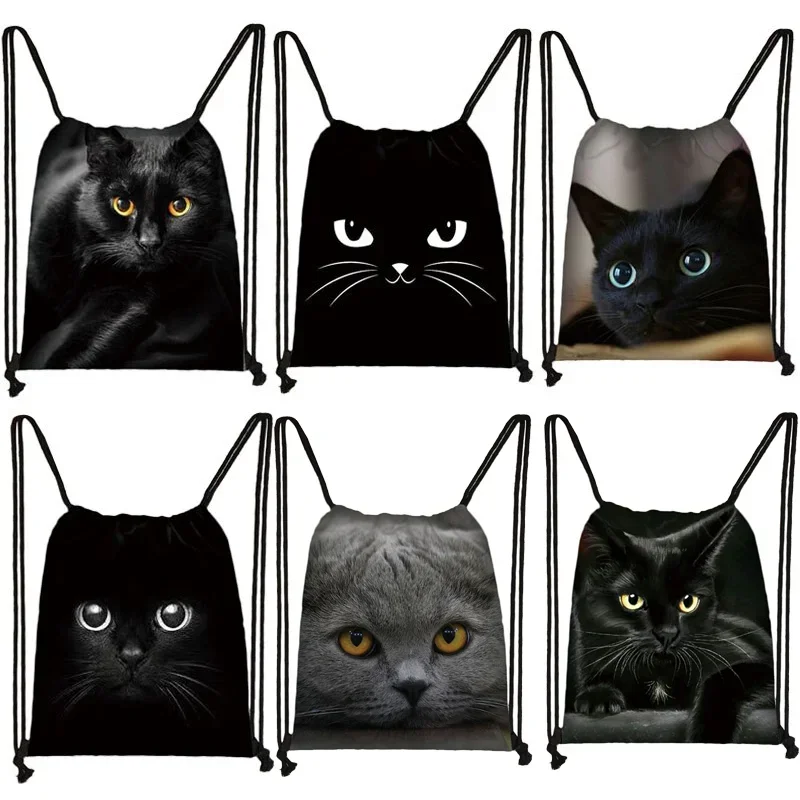 Cute  Black Cat Drawstring Bag Women Shopping Bags Canvas Travel Bag Fashion Storage Bags Teenager Girls Backpack