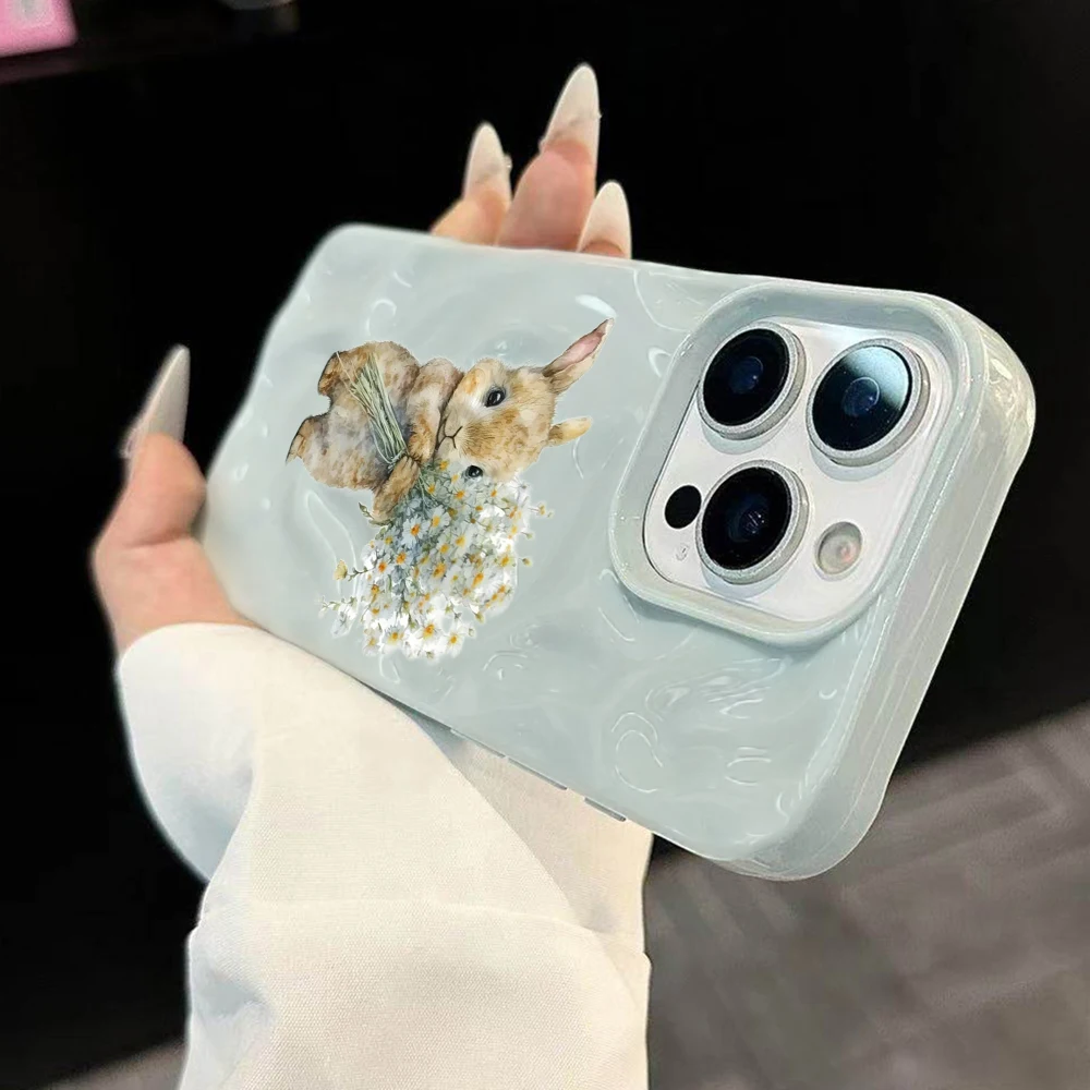 Niedliches Kaninchen mit Blumen Handyhülle für iPhone 17 16 15 14 13 12 11 Pro Max 14 Plus 17Air Falten-Wellen Weiche Silikonhülle – Detail 1