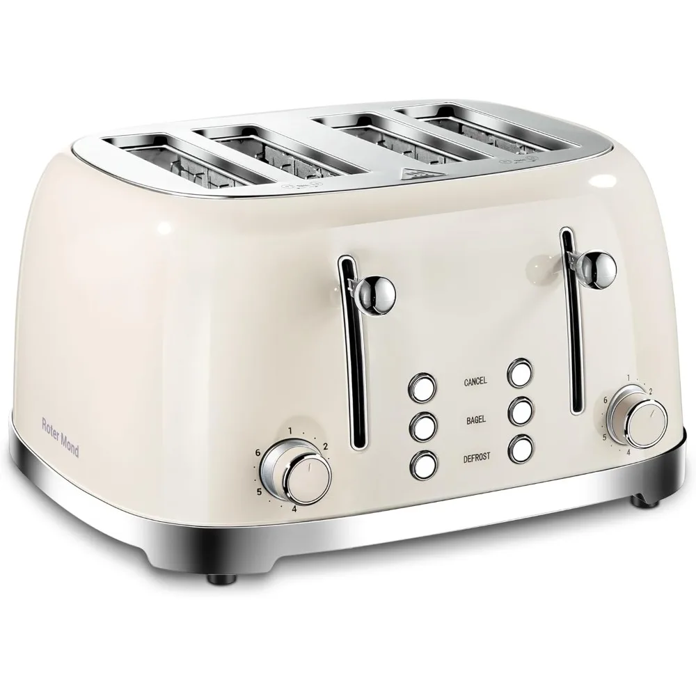 

4 Slice Toaster Roter Mond Retro Stainless Steel Toasters with Bagel Defrost Cancel Function, 6 Browning Settings, Cream