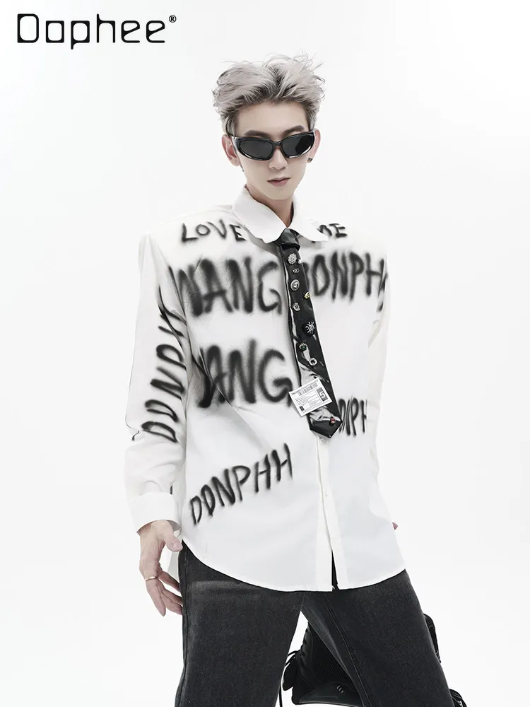 

2026 Spring Autumn Men Loose Casual Daily Letter Graffiti Design White Lapel Long Sleeve Shirt Streetwear Fashion Outfit