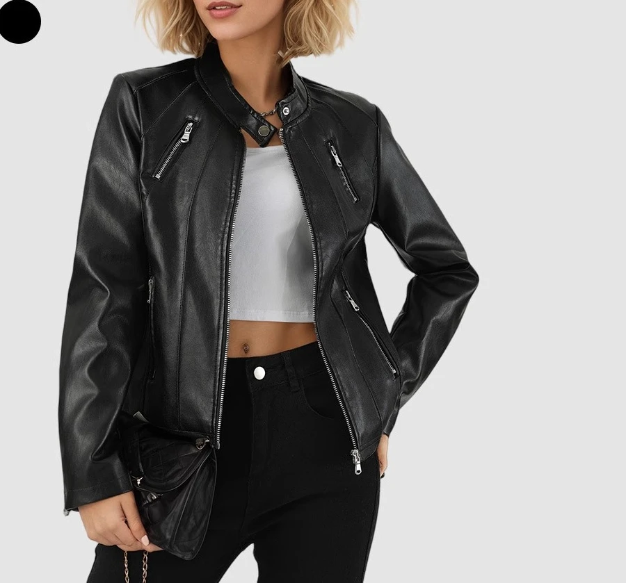European Women's Fashion Spring-autumn Fitted Blazer with A Stand-up Collar, European Leather Coat for Women Leather Jacket