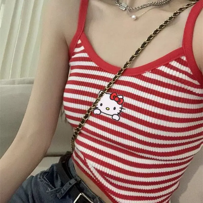 Hello Kitty-Halter rayé pour filles, haut précieux, vêtements intérieurs, vêtements d'extérieur, Kawaii, Sanurgente, été, doux, mignon, doux, cool, vent, Y2K