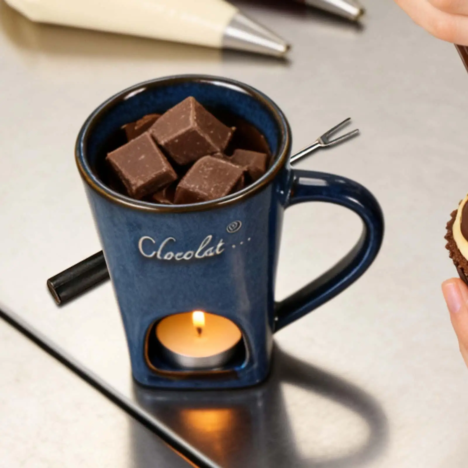 

Chocolate Fondue Cup 130ml Melting Pot with Fork Chocolate Ceramic Fondue Mugs for Home Kitchen Restaurant Camping Adults Family