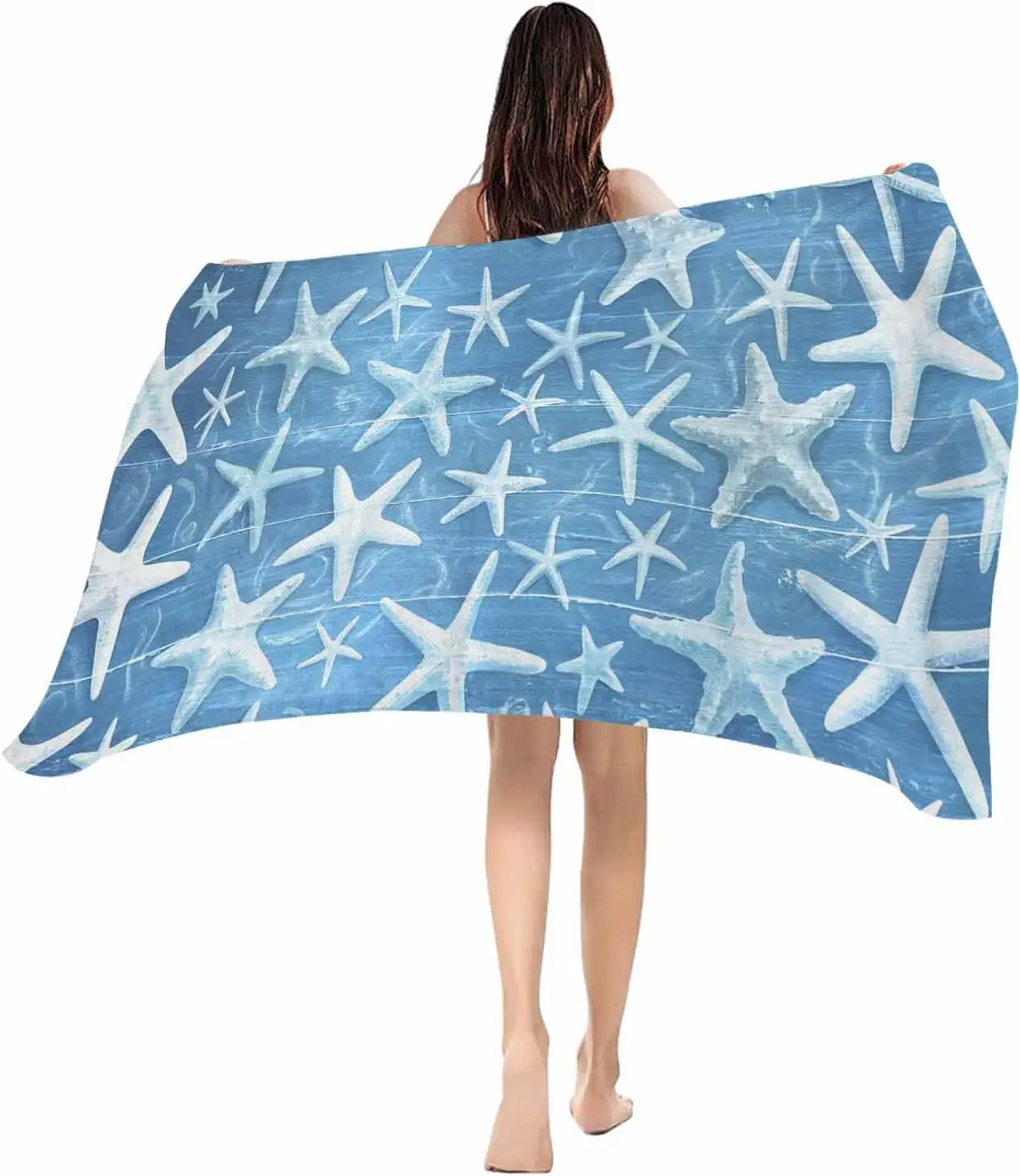Beach Towel Blue Starfish Bath Pool Towels Summer Ocean Wood Grain Soft Absorbent Beach Towel Lightweight Large Quick Dry Swim