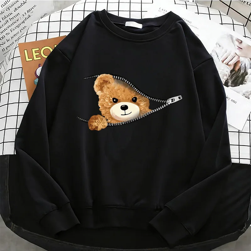 

Streetwear Womens Bear Y2k Hoodies Basic Warm Fleece Sweatshirt Cartoon O-Neck Pullover Casual Female Clothes