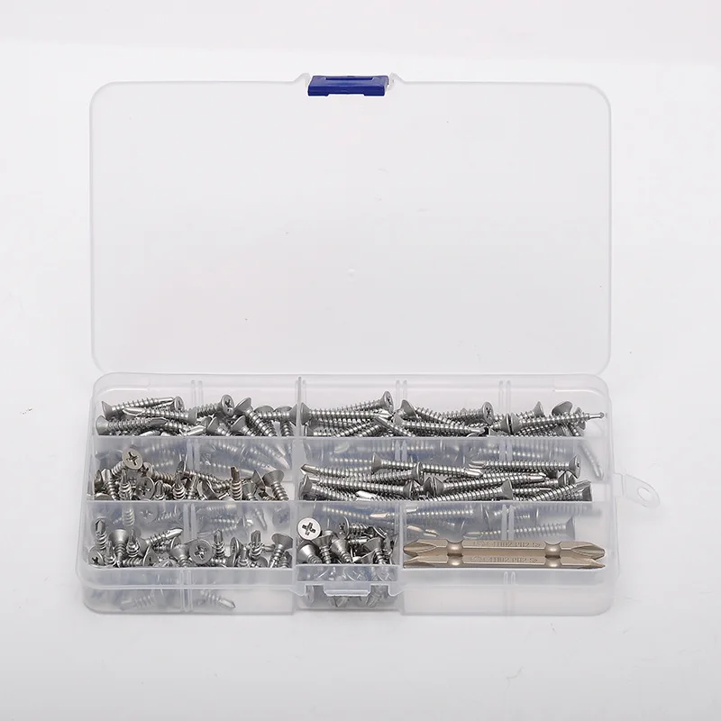 182PCS Cross countersunk head drilling screw set Self tapping self drilling dovetail screw box 410 stainless steel