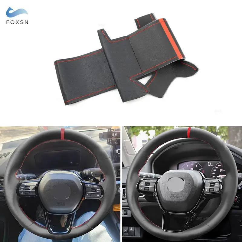 Hand Braids Microfiber Perforated Leather Cover For Honda Civic 11th 2022 Car Steering Wheel Cover with Red Threads Strip