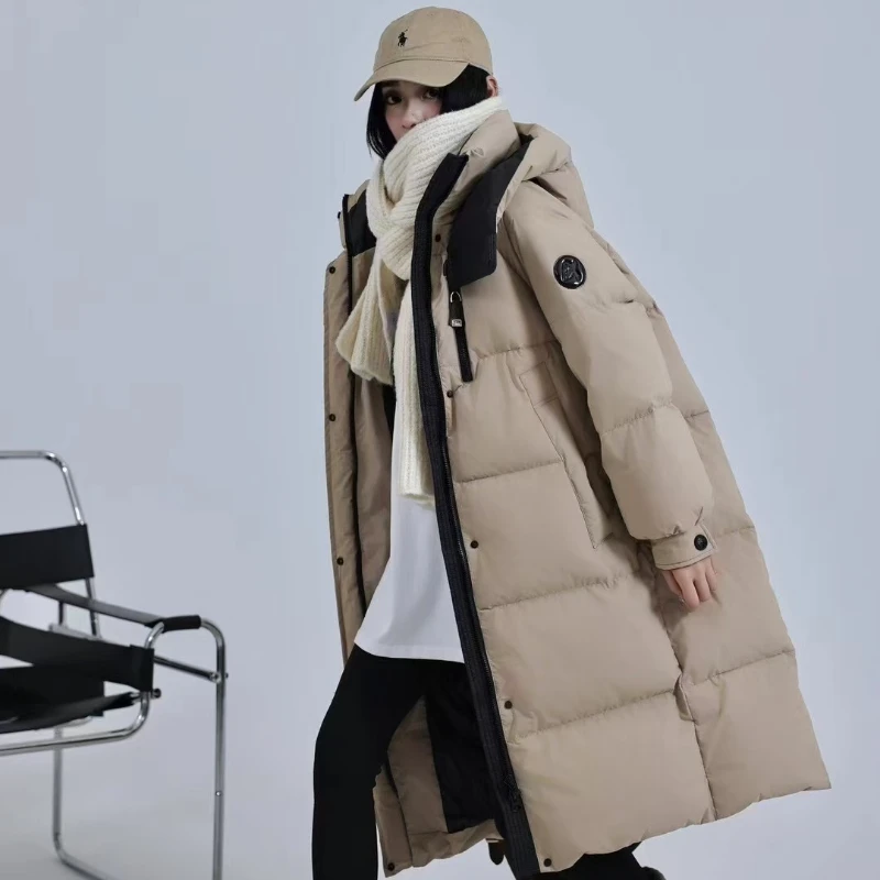 Inverno nova jaqueta feminina na altura do joelho engrossado pato branco para baixo com capuz puffer jaqueta moda solta quente gola casaco