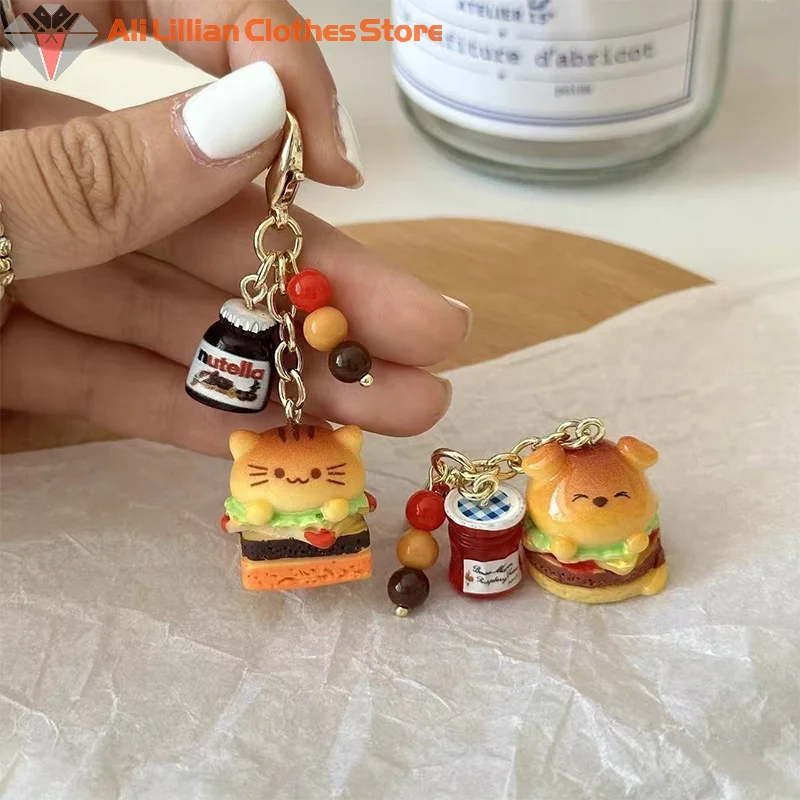 Kawaii Cartoon Hamburger Cats Dogs Keychain Pendant Cute Car Keyring Charms Backpack Decoration Accessories Birthday Gifts