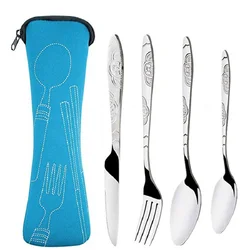 Ensemble de vaisselle en acier inoxydable, couteaux College portables, fourchette et cuillère, couverts à steak de camping familial, ustensiles de cuisine avec sac, 4 pièces, 3 pièces