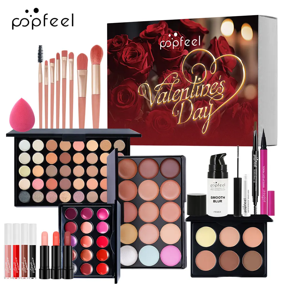 POPFEEL 24-delige Valentijnsdag make-upset - Complete make-upkit met oogschaduw, concealer, primer, lippenstift, wenkbrauwpotlood.