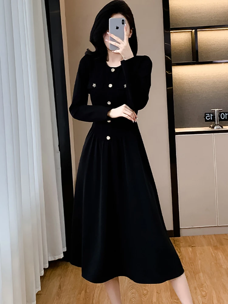 

Women Korean Vintage Hepburn Luxury Long Dress Autumn Winter Black Corduroy A-Line Dress 2025 Elegant Bodycon Festival Vestidos