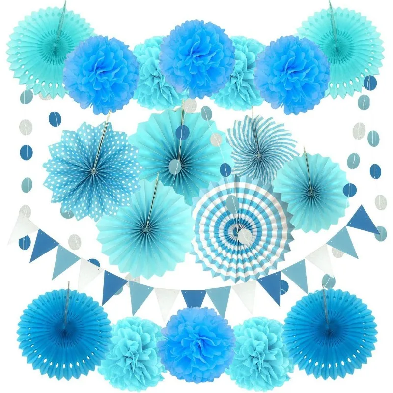 

20 Pcs Pom Poms Flowers Hanging Paper Fans Triangle Bunting Flags and Garlands String Polka Dot for Birthday Party Decorations