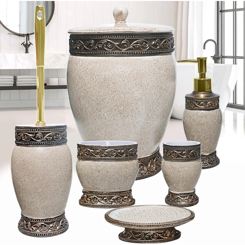 

6 Pieces Bathroom Accessories Set Including Trash Can, Cup, Toothbrush Holders, Soap Dishes, Soap Dispenser and Toilet Brush,